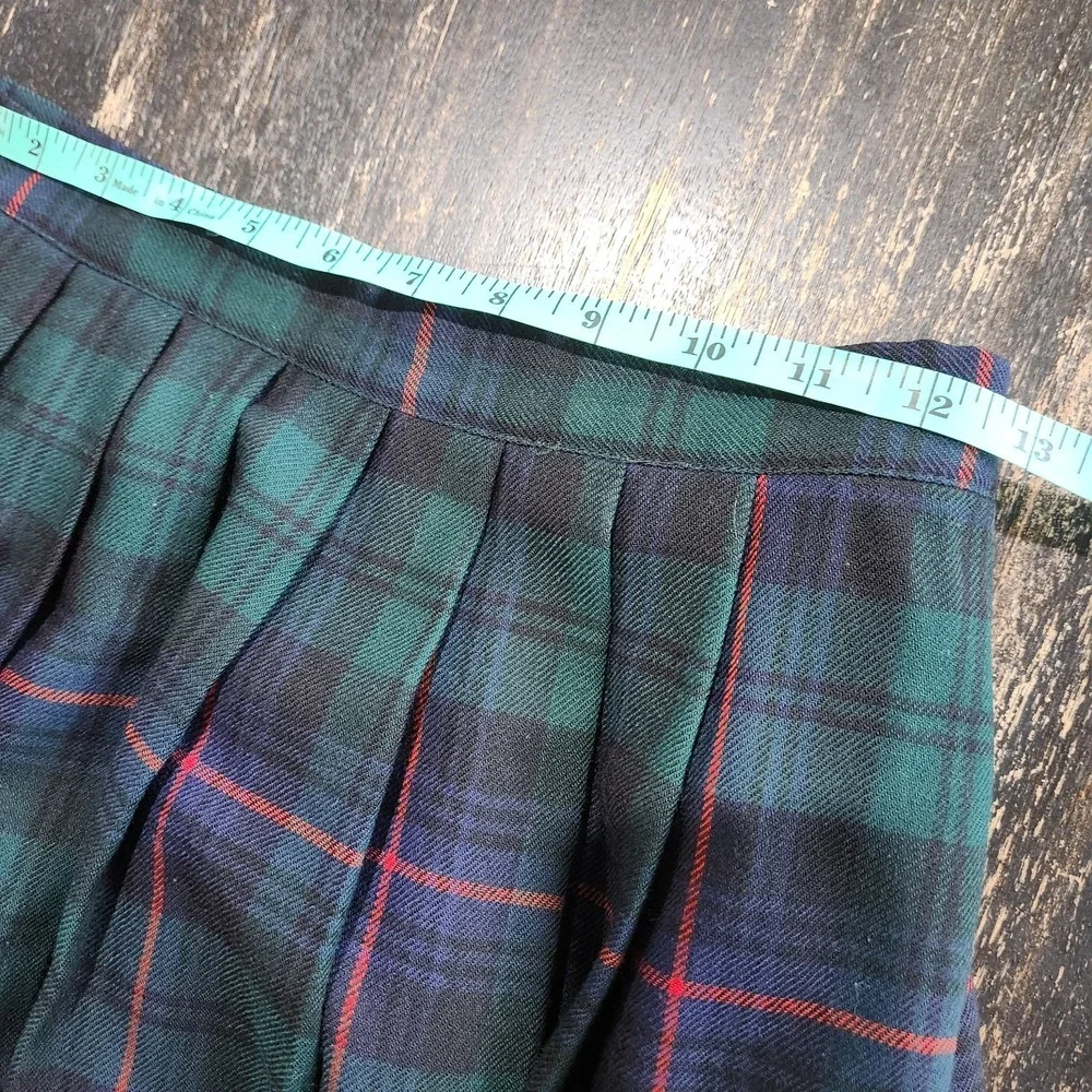 Vintage Wool Green Blue Tartan Plaid Pleated Midi Skirt Waist 25
